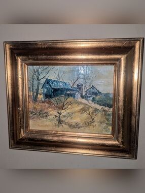 Vintage L Auerbach Rustic Farmhouse Landscape Oil Painting in Blue and Tan